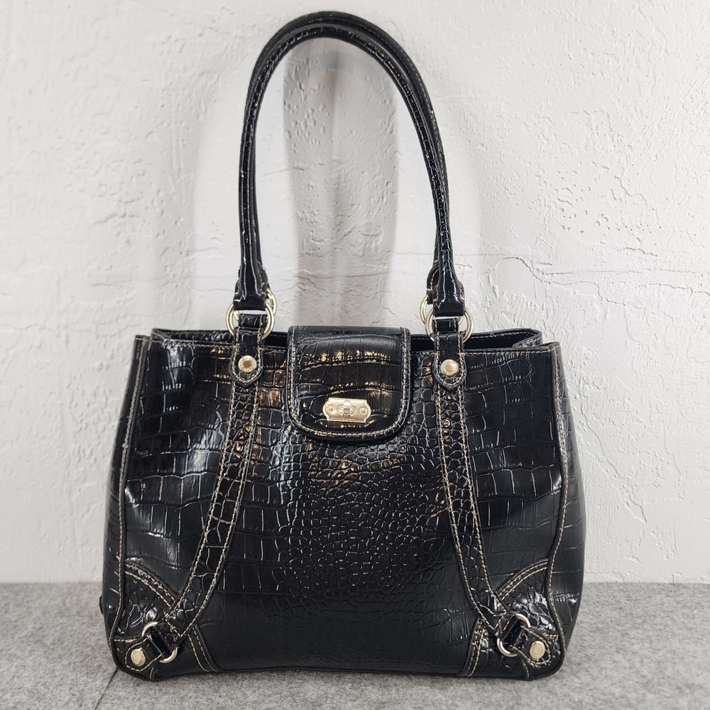 Liz Claiborne Black Faux Croc Embossed Patent Leather Tote Bag Y2K Women